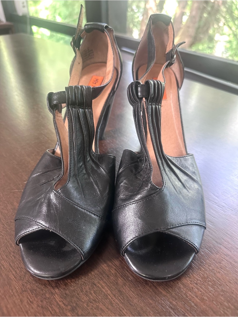 Miz Mooz Salima Black Leather T Strap Peep Toe Cutout Retro Pin Up Heels 11